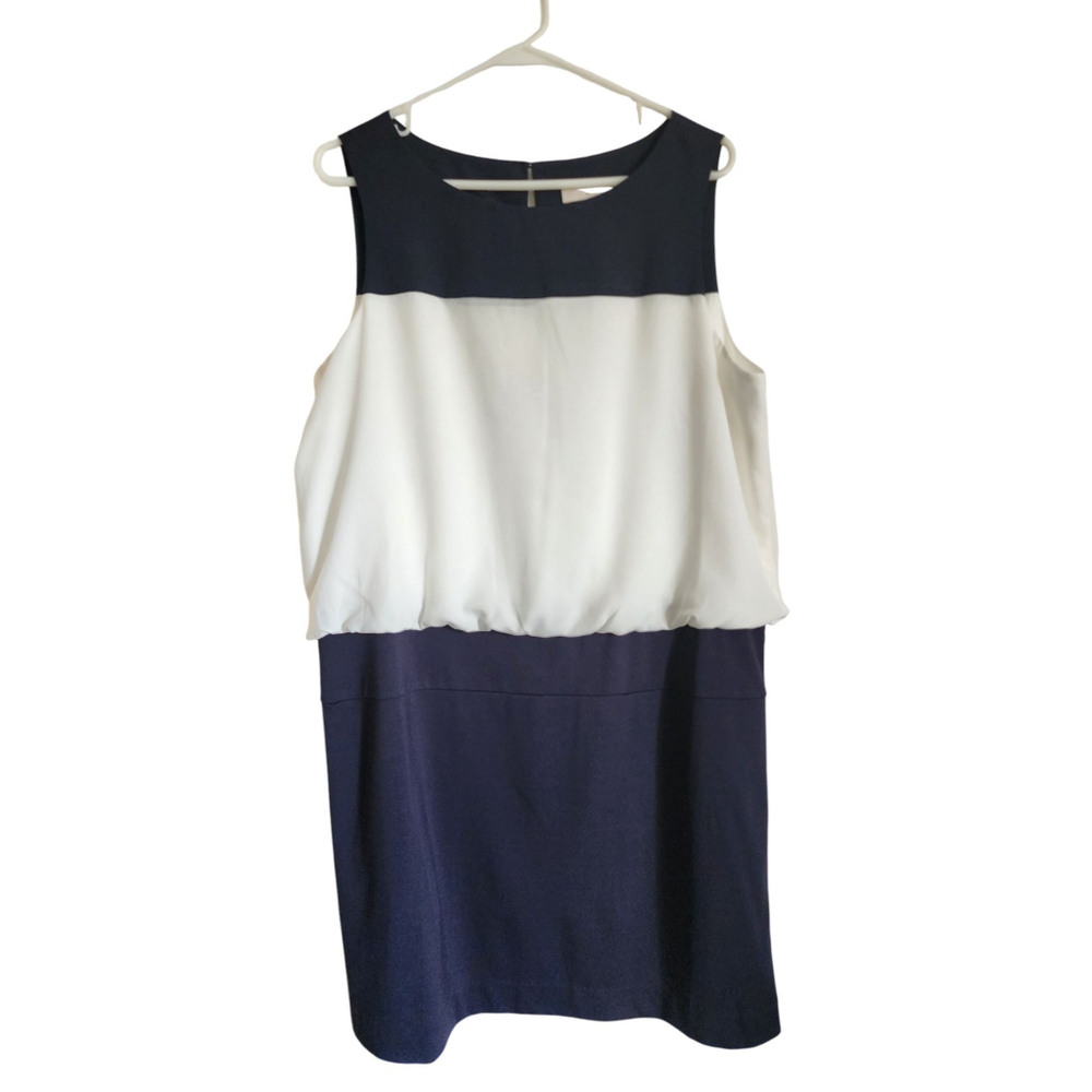 Ann Taylor LOFT Navy Blue & White Career Shift Dress Women's 16 Petite NWT